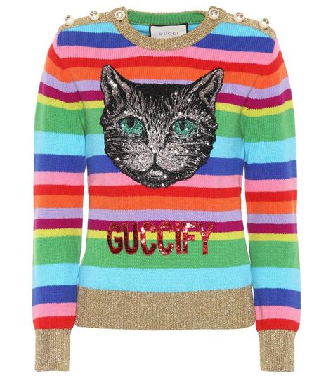 gucci blue striped cat faces sweater|Gucci tote with cat.